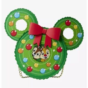Chip and Dale Loungefly Green Christmas Crossbody Bag with Red Bow